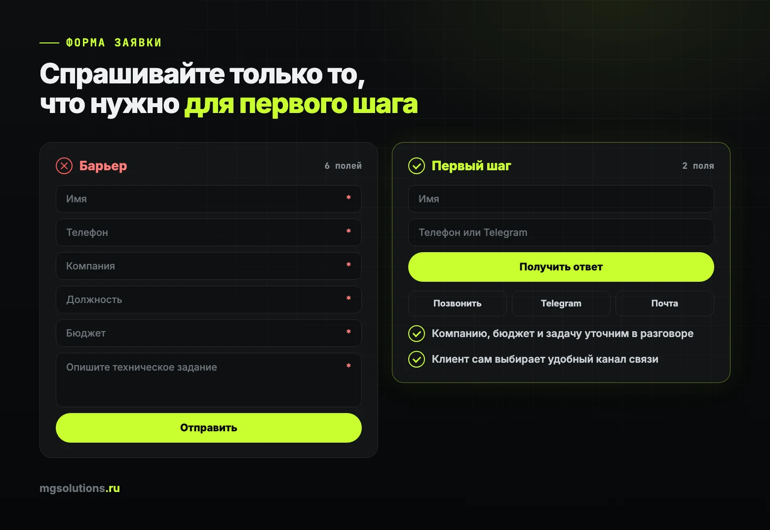 Длинная форма заявки и короткая форма для первого шага